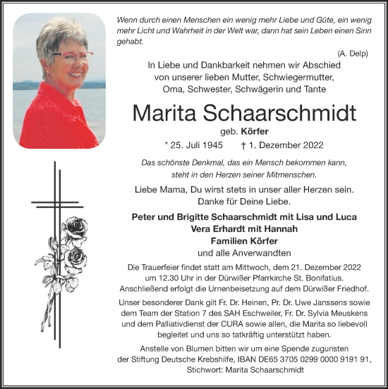 Traueranzeige von Marita Schaarschmidt von Zeitung am Sonntag