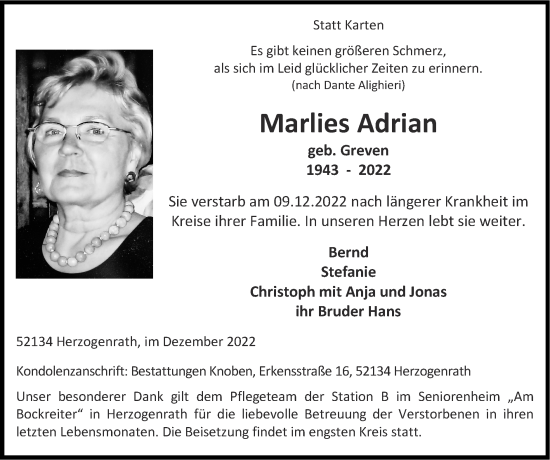 Traueranzeige von Marlies Adrian von Zeitung am Sonntag