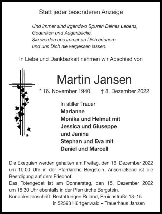 Traueranzeige von Martin Jansen von Aachener Zeitung / Aachener Nachrichten