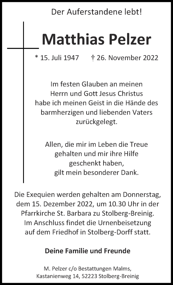  Traueranzeige für Matthias Pelzer vom 11.12.2022 aus Zeitung am Sonntag