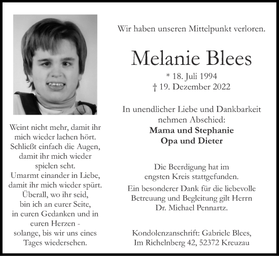 Traueranzeige von Melanie Blees von Zeitung am Sonntag