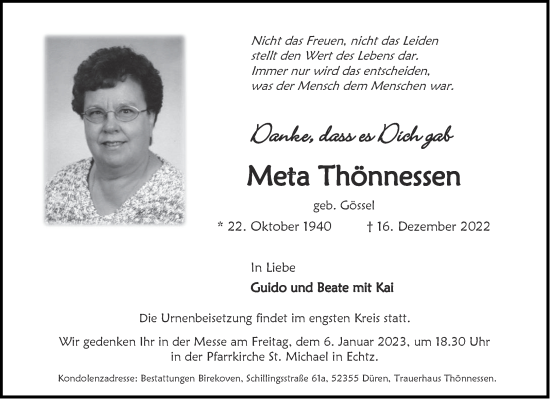 Traueranzeige von Meta Thönnessen von Aachener Zeitung / Aachener Nachrichten