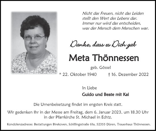 Traueranzeige von Meta Thönnessen von Zeitung am Sonntag