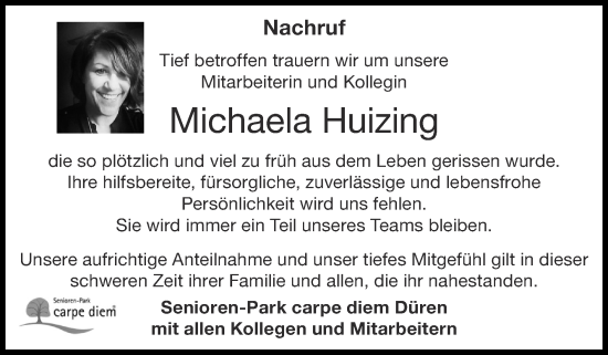 Traueranzeige von Michaela Huizing von Zeitung am Sonntag