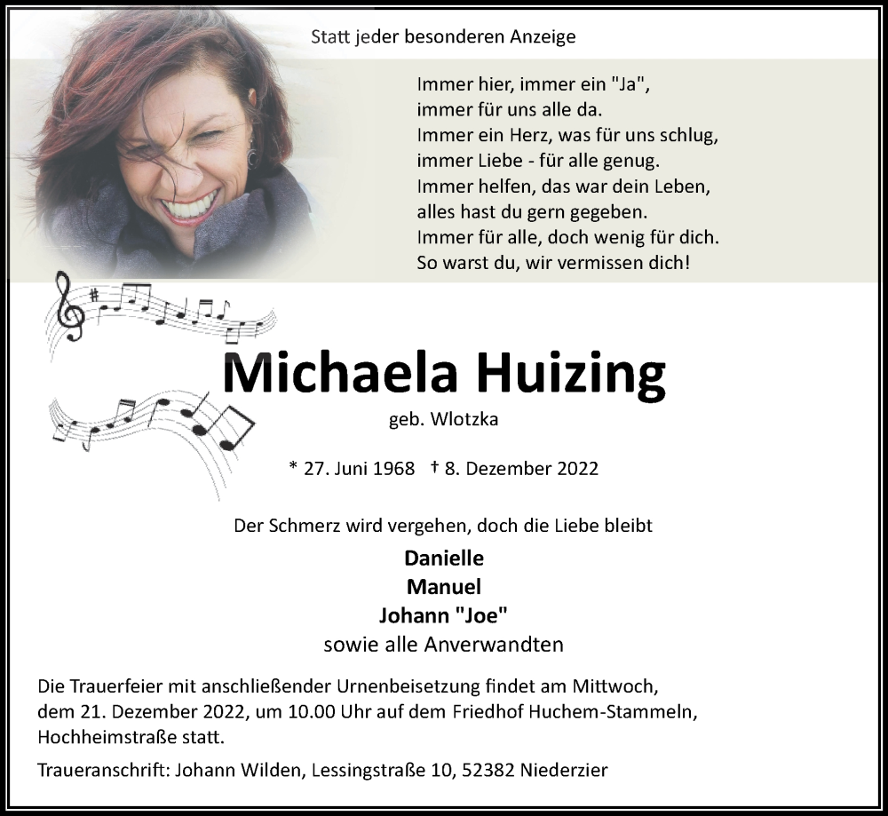  Traueranzeige für Michaela Huizing vom 18.12.2022 aus Zeitung am Sonntag