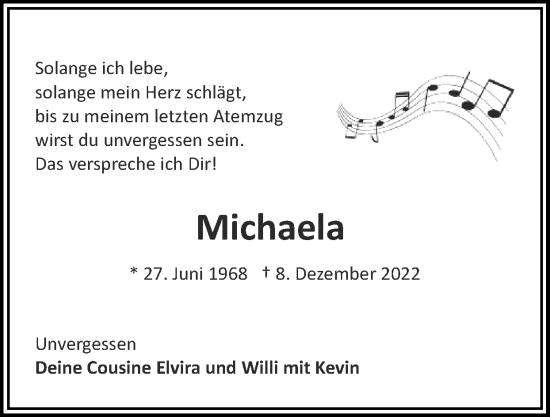 Traueranzeige von Michaela Huizing von Zeitung am Sonntag