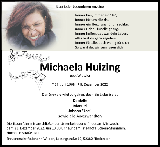 Traueranzeige von Michaela Huizing von Zeitung am Sonntag