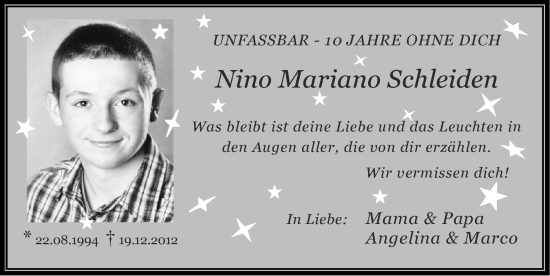 Traueranzeige von Nino Mariano Schleiden von Zeitung am Sonntag