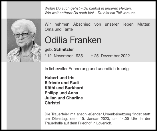 Traueranzeige von Odilia Franken von Zeitung am Sonntag