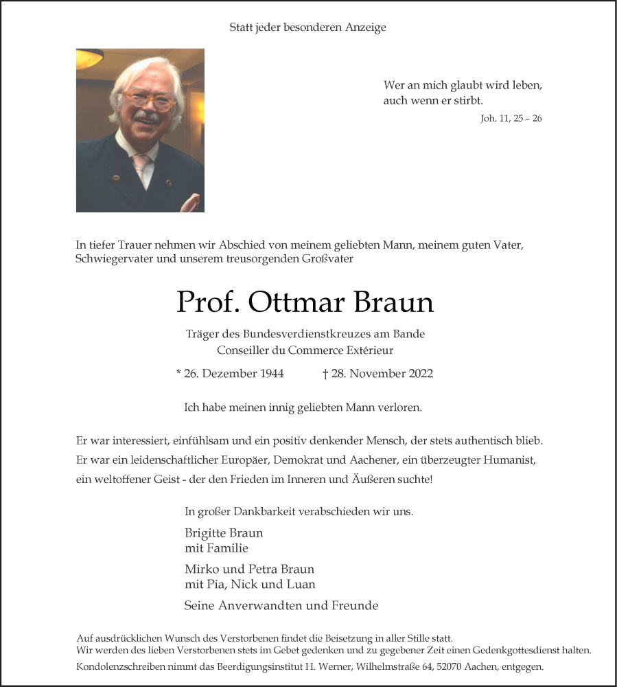  Traueranzeige für Ottmar Braun vom 03.12.2022 aus Aachener Zeitung / Aachener Nachrichten