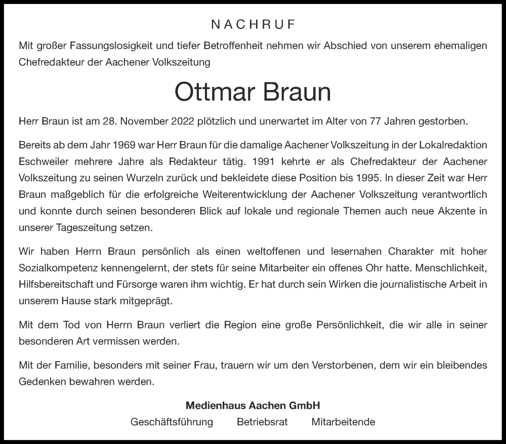  Traueranzeige für Ottmar Braun vom 03.12.2022 aus Aachener Zeitung / Aachener Nachrichten