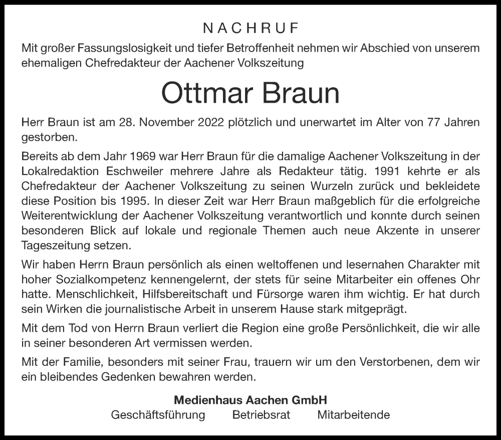  Traueranzeige für Ottmar Braun vom 04.12.2022 aus Zeitung am Sonntag