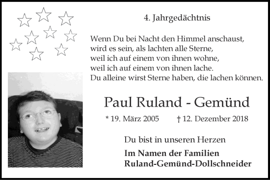 Traueranzeige von Paul Ruland-Gemünd von Zeitung am Sonntag