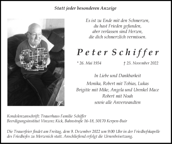 Traueranzeige von Peter Schiffer von Zeitung am Sonntag