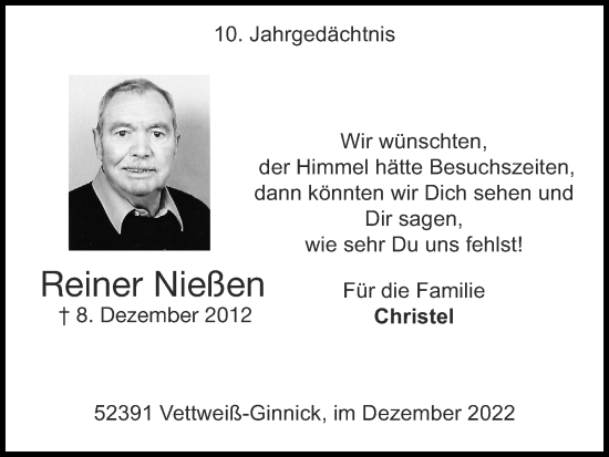 Traueranzeige von Reiner Nießen von Zeitung am Sonntag