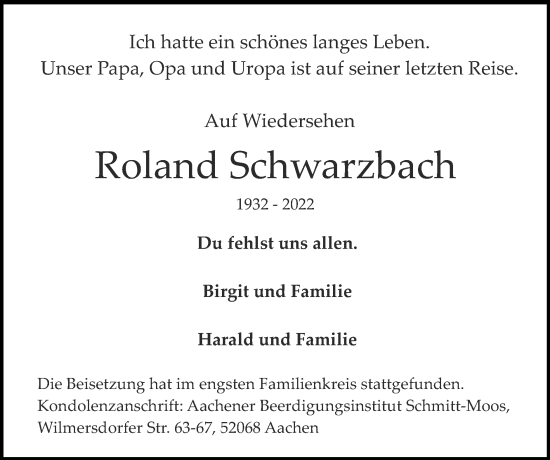 Traueranzeige von Roland Schwarzbach von Zeitung am Sonntag