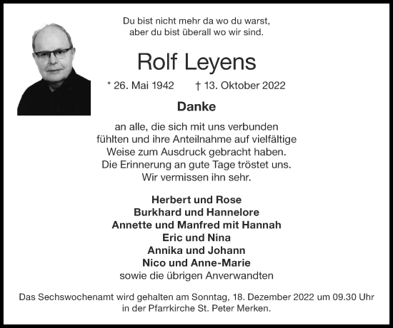 Traueranzeige von Rolf Leyens von Zeitung am Sonntag