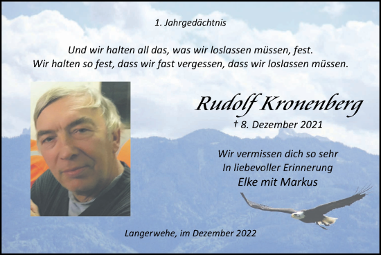 Traueranzeige von Rudolf Kronenberg von Zeitung am Sonntag
