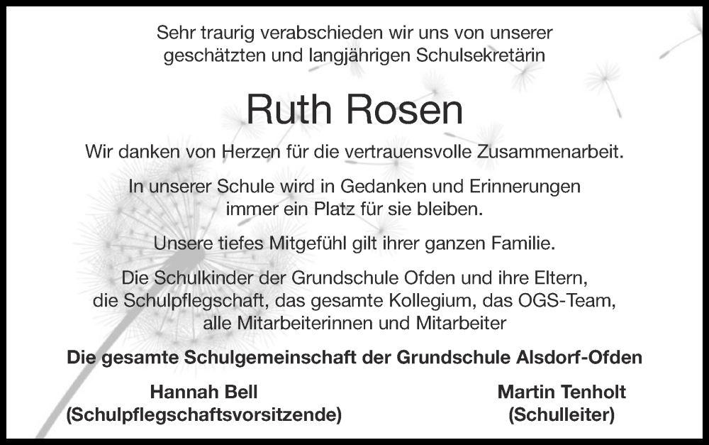  Traueranzeige für Ruth Rosen vom 11.12.2022 aus Zeitung am Sonntag
