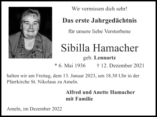 Traueranzeige von Sibilla Hamacher von Zeitung am Sonntag
