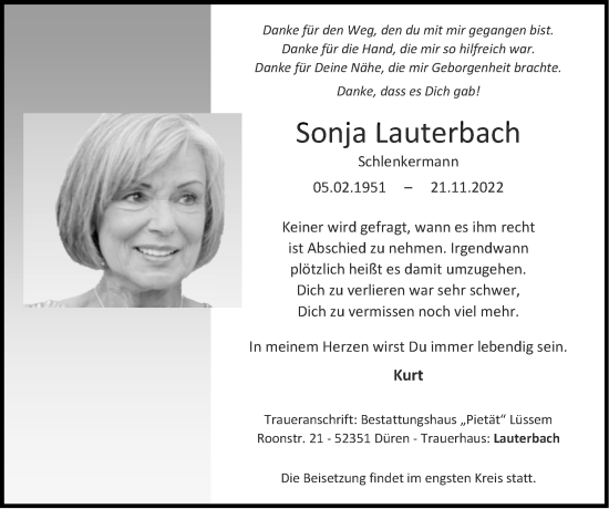 Traueranzeige von Sonja Lauterbach von Zeitung am Sonntag