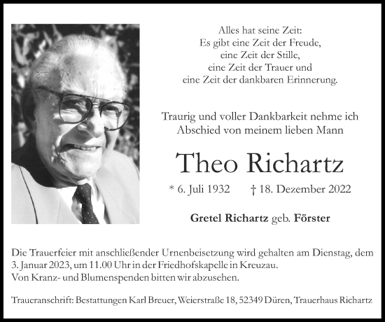 Traueranzeige von Theo Richartz von Zeitung am Sonntag