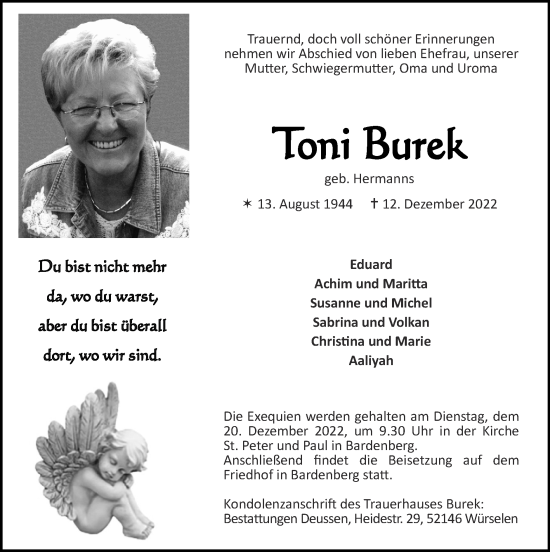 Traueranzeige von Toni Burek von Zeitung am Sonntag