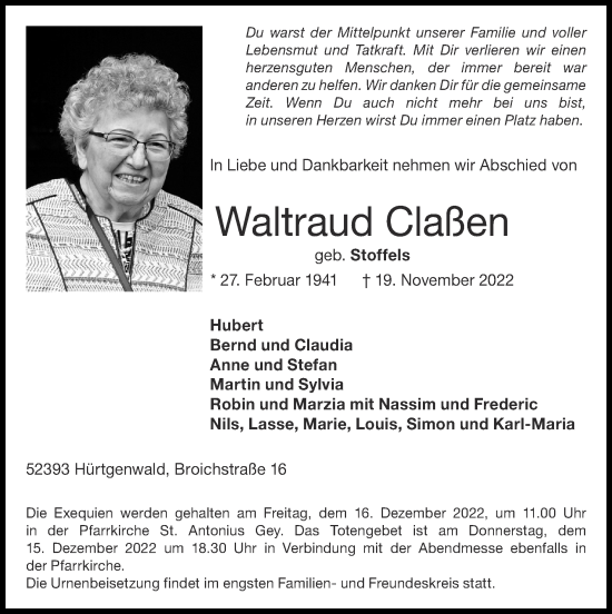 Traueranzeige von Waltraud Claßen von Zeitung am Sonntag
