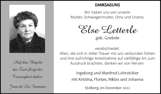 Traueranzeige von WElse Letterle von Zeitung am Sonntag