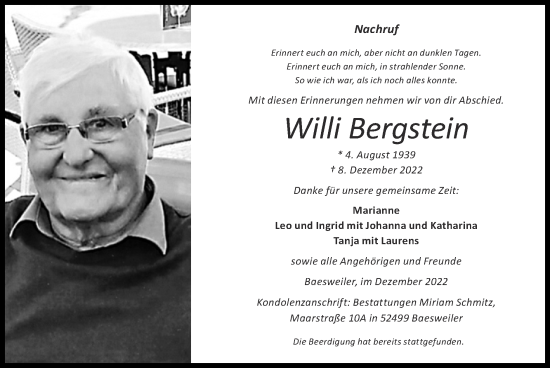 Traueranzeige von Willi Bergstein von Zeitung am Sonntag