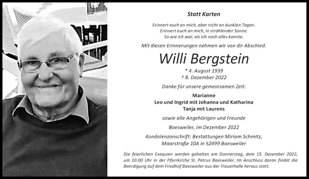  Traueranzeige für Willi Bergstein vom 12.12.2022 aus Aachener Zeitung / Aachener Nachrichten