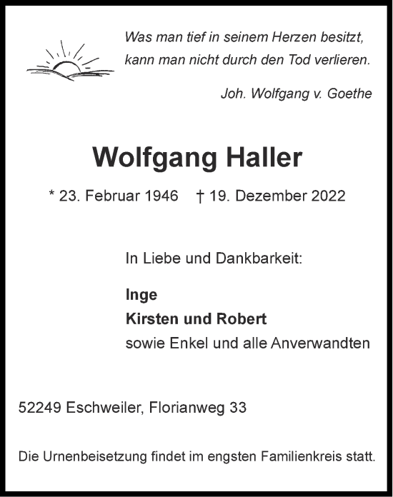 Traueranzeige von Wolfgang Haller von Zeitung am Sonntag