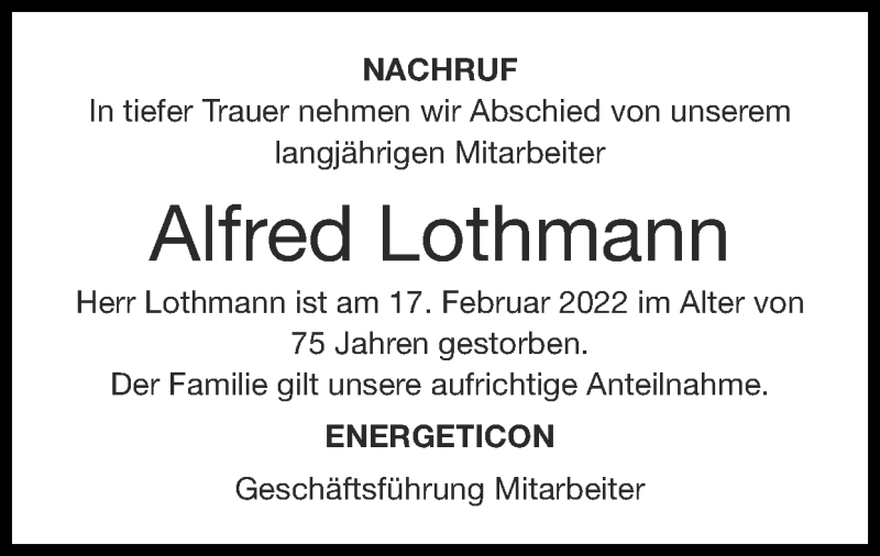  Traueranzeige für Alfred Lothmann vom 27.02.2022 aus Zeitung am Sonntag