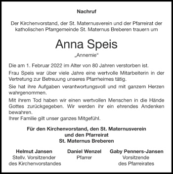 Traueranzeige von Anna Speis von Zeitung am Sonntag
