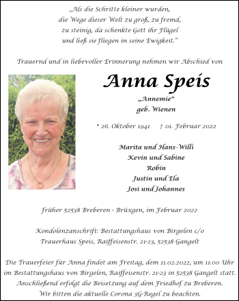 Traueranzeige von Anna Speis von Zeitung am Sonntag
