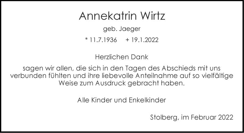  Traueranzeige für Annekatrin Wirtz vom 12.02.2022 aus Aachener Zeitung / Aachener Nachrichten