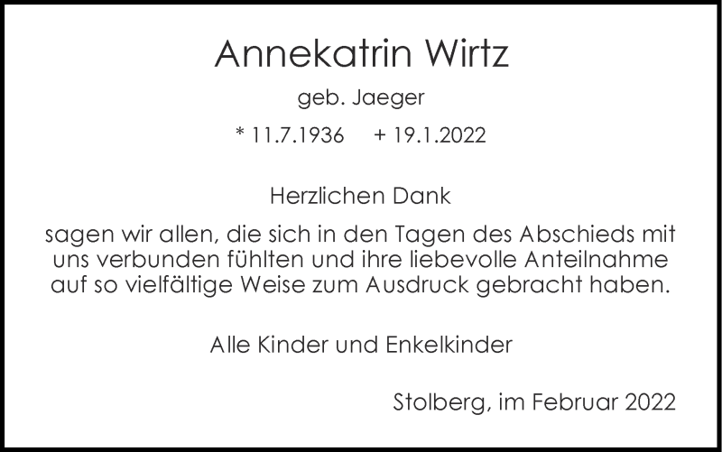  Traueranzeige für Annekatrin Wirtz vom 13.02.2022 aus Zeitung am Sonntag