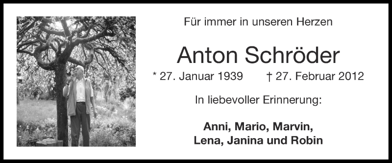 Traueranzeige für Anton Schröder vom 27.02.2022 aus Zeitung am Sonntag