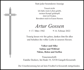 Traueranzeige von Artur Gossen von Zeitung am Sonntag