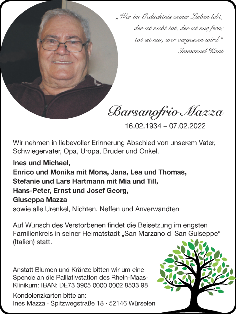  Traueranzeige für Barsanofrio Mazza vom 13.02.2022 aus Zeitung am Sonntag