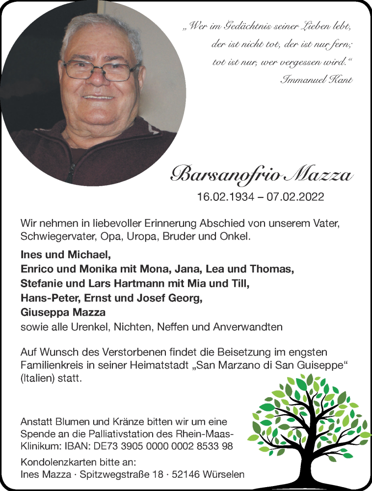  Traueranzeige für Barsanofrio Mazza vom 12.02.2022 aus Aachener Zeitung / Aachener Nachrichten