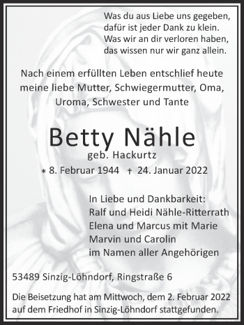 Traueranzeige von Betty Nähle von Zeitung am Sonntag