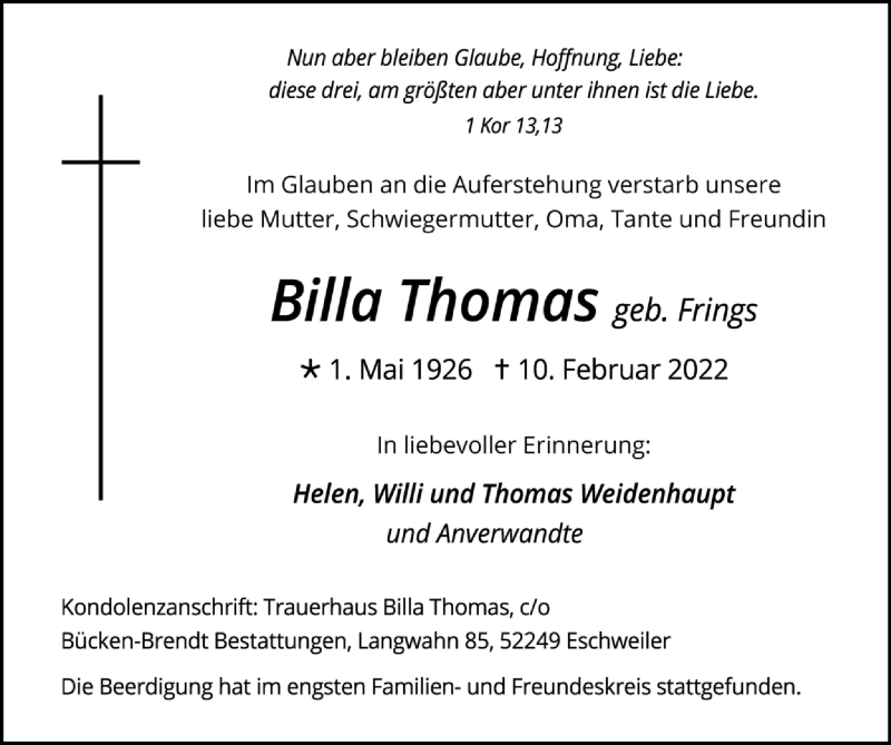  Traueranzeige für Billa Thomas vom 20.02.2022 aus Zeitung am Sonntag