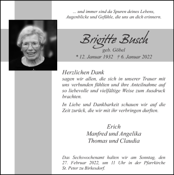 Traueranzeige von Brigitte Busch von Zeitung am Sonntag
