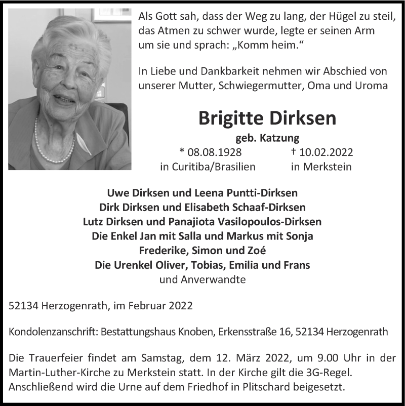  Traueranzeige für Brigitte Dirksen vom 27.02.2022 aus Zeitung am Sonntag