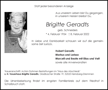 Traueranzeige von Brigitte Geradts von Zeitung am Sonntag