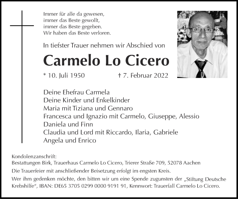  Traueranzeige für Carmelo Lo Cicero vom 20.02.2022 aus Zeitung am Sonntag