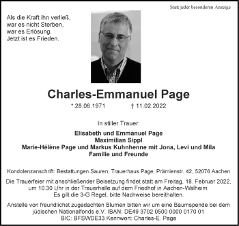 Traueranzeige von Charles-Emmanuel Page von Aachener Zeitung / Aachener Nachrichten