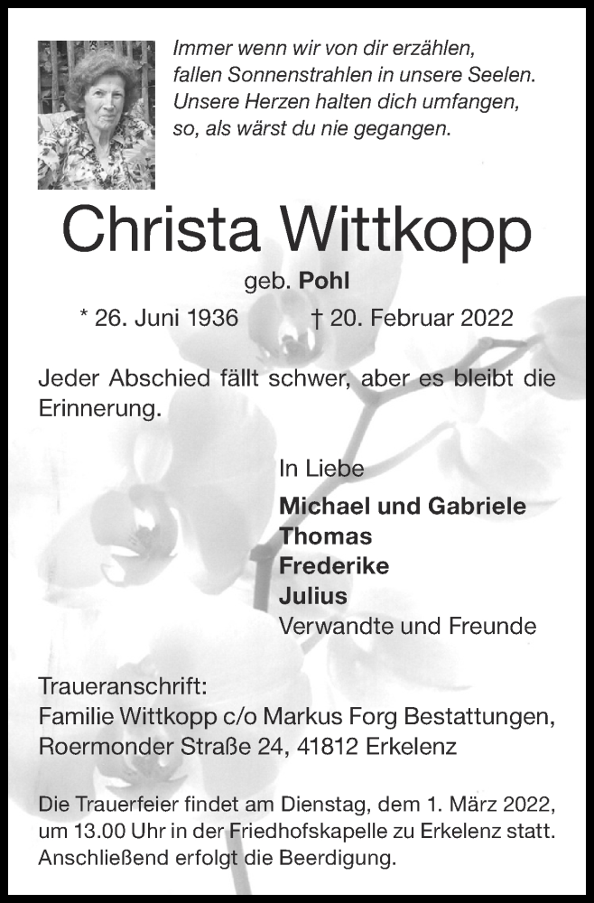  Traueranzeige für Christa Wittkopp vom 27.02.2022 aus Zeitung am Sonntag