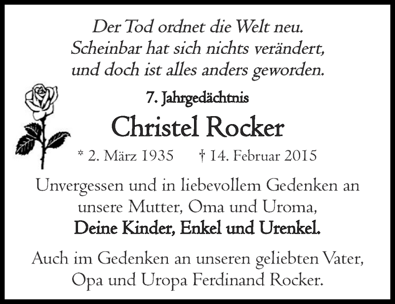  Traueranzeige für Christel Rocker vom 12.02.2022 aus Aachener Zeitung / Aachener Nachrichten